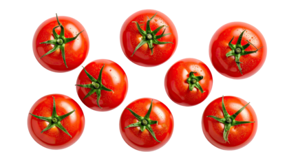 Eight bright, juicy red tomatoes with green stems on black