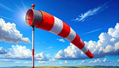 Red and white windsock against a blue sky with scattered clouds above a vibrant green landscape