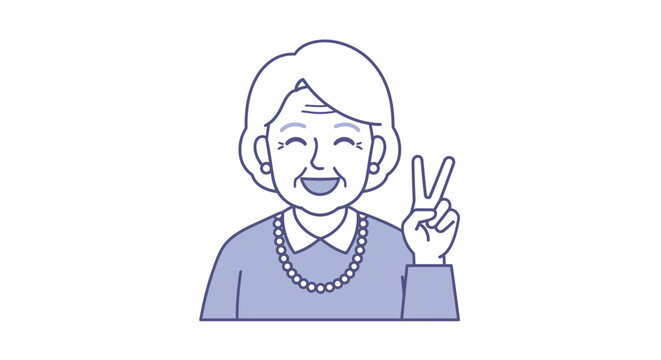Cheerful senior woman gives a peace sign, symbolizing positivity and good health during retirement