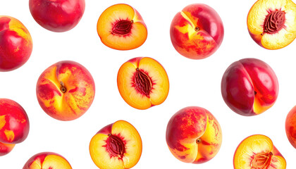 Sliced and whole nectarines on black background in close proximity