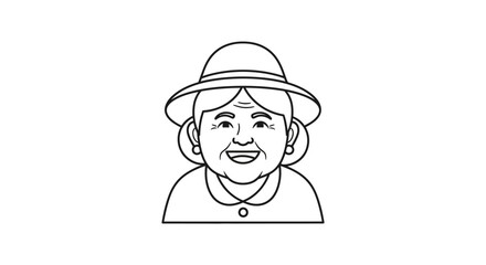 Black and white line drawing portraying a cheerful grandmother with a hat showing affection