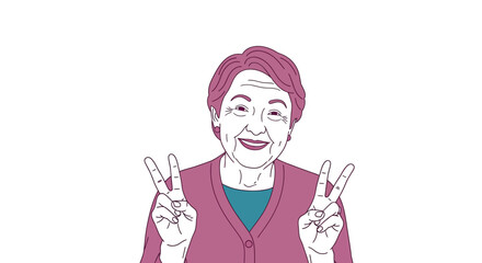 Cheerful senior woman with vibrant magenta hair making peace sign with both hands