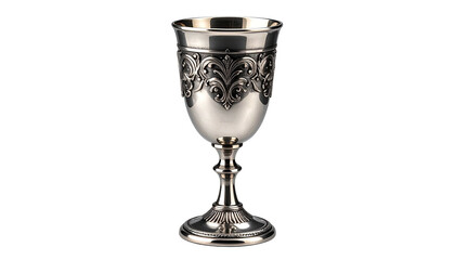 Ornate, silver metal goblet with floral design, on black backdrop