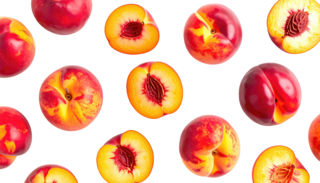 Sliced and whole nectarines on black background in close proximity