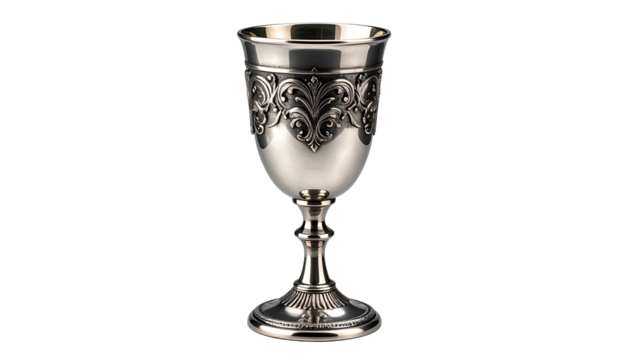 Ornate, silver metal goblet with floral design, on black backdrop