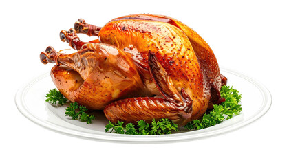 Roasted, golden brown turkey served on a white garnished plate