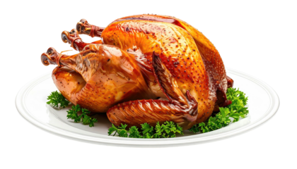Roasted, golden brown turkey served on a white garnished plate