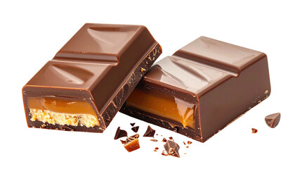 Chocolate bar split open, revealing caramel and crisped rice