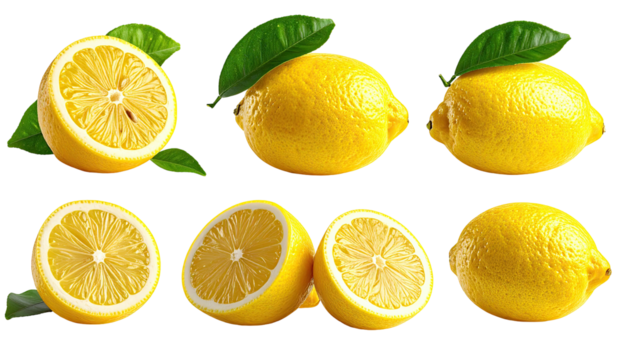 Row of lemons, whole and halved, with leaves on black backdrop