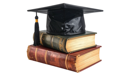 Stacked books with graduation cap. Isolated on black backdrop