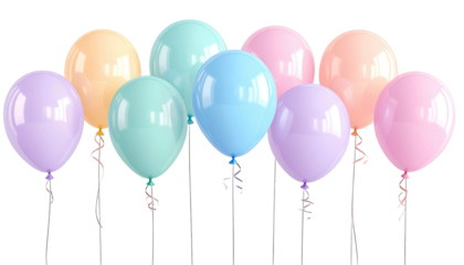 Nine pastel balloons line up against a transparent background