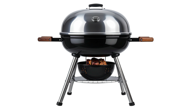 Kettle charcoal grill with wooden handles and shiny dome
