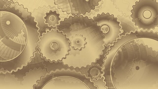 Complex background of interlocking mechanical clockwork gears and cogs, industrial machinery components, abstract vintage steampunk design, loopable animation
