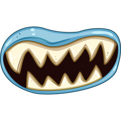 Pixel Art Blue Monster Mouth With Sharp Teeth Open Wide Showing Dark Interior And Jagged Edges Against Transparent Background