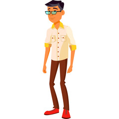 Pixel Art Businessman Standing Wearing Glasses White Yellow Shirt Brown Pants Red Shoes With Transparent Background