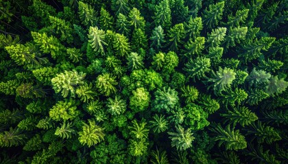Aerial View of Dense Evergreen Forest Canopy With Sunlight Filtering Through Green Trees In A Rural Landscape