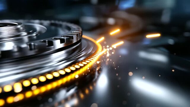 Defocused robotic vision system &mdash; blurred sensor lights shining across metallic surface, abstract concept of precision and automation, with copy space.