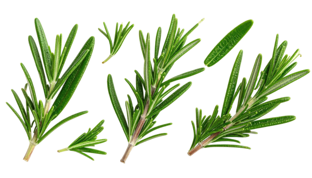 Six rosemary sprigs, green leaves, isolated against black background - Powered by Adobe