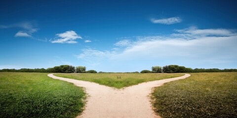 A conceptual crossroads splitting into two diverging paths. leadership visuals, business strategy presentations, motivational posters, decision-making workshops, life coaching materials, abstract art