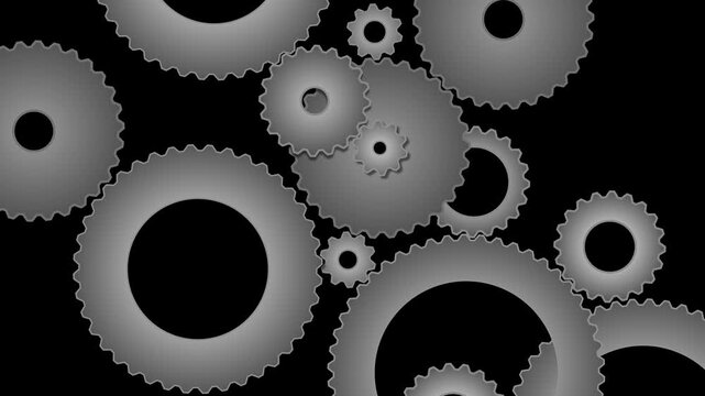 Interlocking loopable rotating gear wheels and cogs of various sizes against a solid black background creating a minimalist abstract mechanical clockwork pattern
