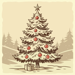 Green fir Christmas tree vector illustration with snow and star decoration for the holiday season