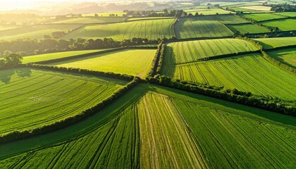 Aerial View of Lush Green Agricultural Fields Bathed in Golden Hour Sunlight Showing Patchwork of Farmland
