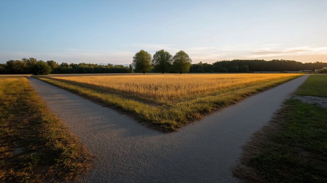 A conceptual crossroads splitting into two diverging paths. leadership visuals, business strategy presentations, motivational posters, decision-making workshops, life coaching materials, abstract art