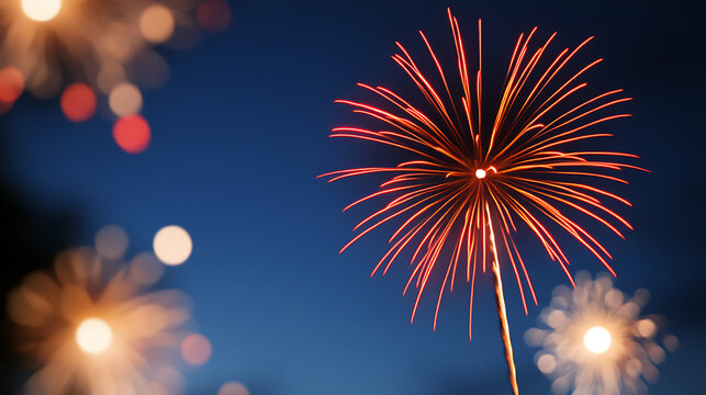 Night sky illuminated by dazzling firework displays. Vibrant colors explode against the dark canvas, creating a celebratory atmosphere with sparks and light. Beautiful