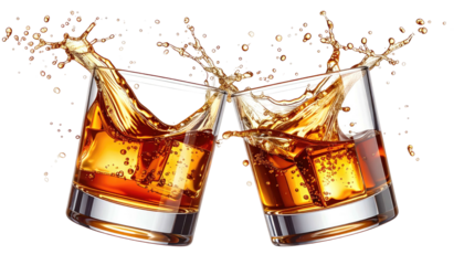 Two glasses clinking, liquid splashing up with ice and bubbles