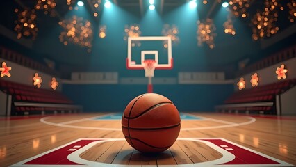 A thrilling basketball scene in a floodlit arena. A New Year's atmosphere.