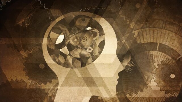 human head with rotating mechanical gears and cogs inside representing thought processes, intelligence, and a complex mind, sepia toned retro animation