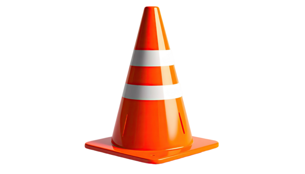 Orange traffic cone with white stripes against a black background