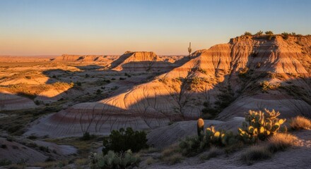 Expansive desert landscape with layered rock formations, illuminated by warm sunset light