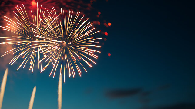 Dazzling fireworks paint the night sky, illuminating the darkness with bursts of radiant color and shimmering trails of light in an explosive celebration. 178/180