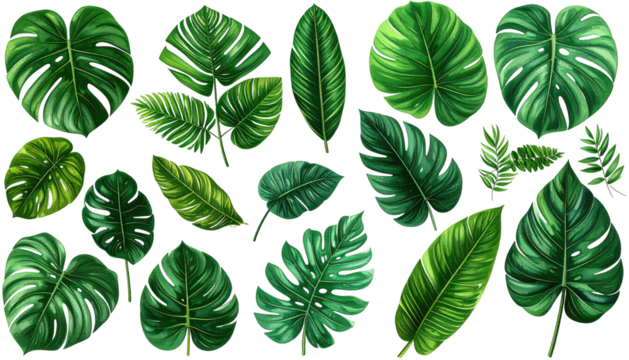 Lush green tropical leaves arranged on a solid black background