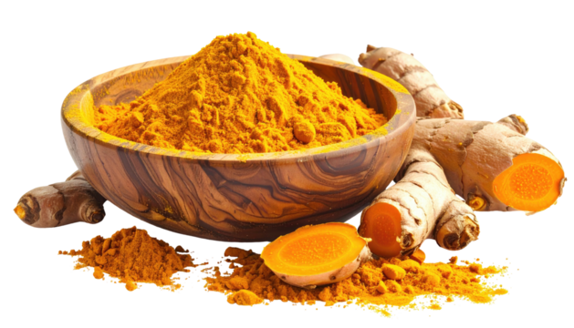 Turmeric powder in bowl beside fresh roots, vibrant color