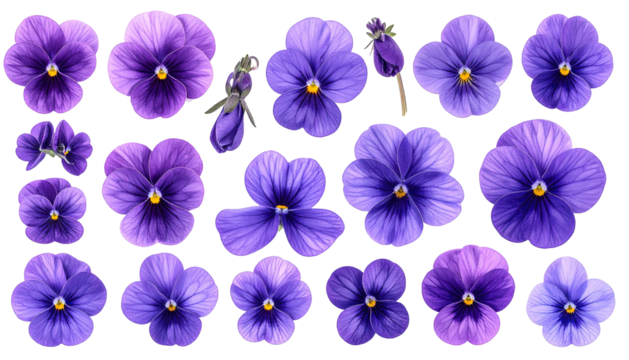 Pattern of violet pansies in bloom on a black background