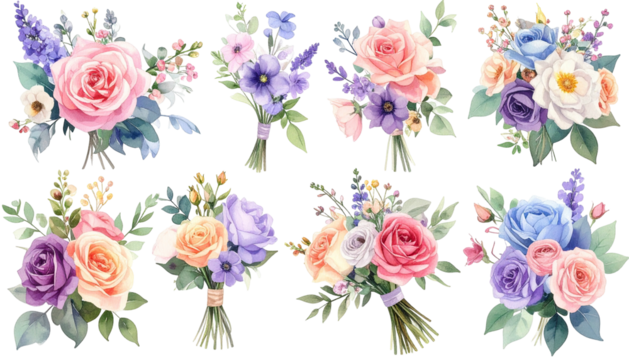 Eight watercolor flower bouquets, pastel and vibrant colors