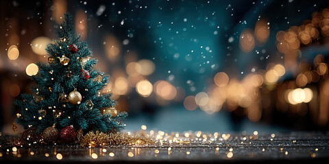 Out of focus Christmas tree with colorful ornaments bokeh background
