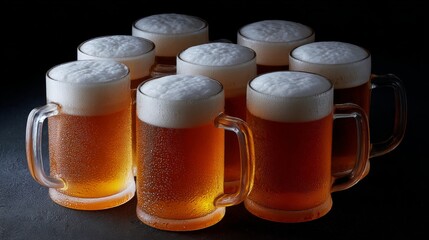 Group of frosty beer mugs filled with golden lager, showcasing rich foam and condensation, arranged in a visually appealing manner, perfect for beverage advertising and social gatherings