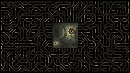 microchip or processor in an abstract circuit board background pattern, computer technology with vintage mechanics, artificial intelligence, computing power, internal processes of a machine or system - Powered by Adobe