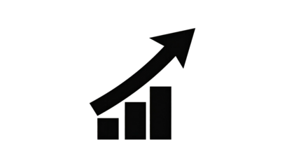 Gray arrow ascends above graph bars on a dark background