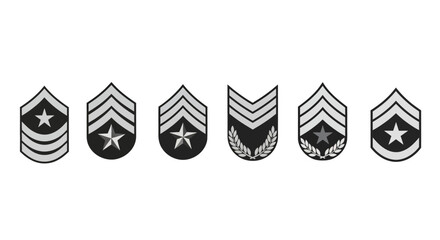 Detailed line-up illustration of various military rank insignia for enlisted personnel