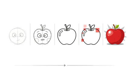 Step by step apple drawing guide showcasing the creative process from sketch to vibrant color