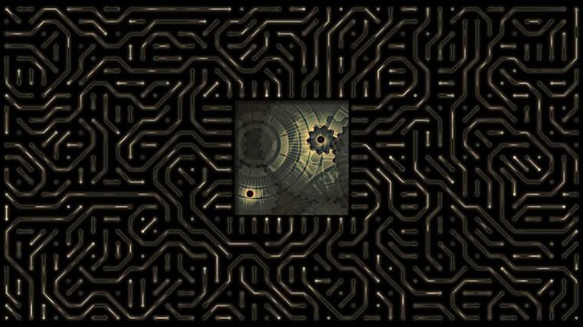 microchip or processor in an abstract circuit board background pattern, computer technology with vintage mechanics, artificial intelligence, computing power, internal processes of a machine or system