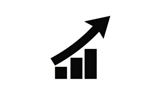 Gray arrow ascends above graph bars on a dark background
