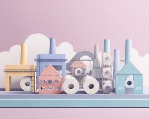 High-efficiency paper mill machinery process - Abstract Industrial Landscape with Paper Roll Structures on Pastel Background optimized industrial automation system manufacturing plant