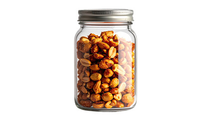 Jar full of toasted peanuts visible through clear glass sides