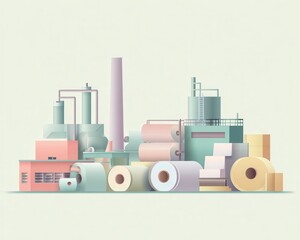 High-efficiency paper mill machinery process - Futuristic Minimalist Factory Illustration with Pastel Colors optimized industrial automation system manufacturing plant