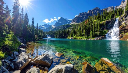 Alpine Lake Waterfall And Jagged Mountains Under Brilliant Sunburst And Clear Blue Sky Majestic Natural Landscape